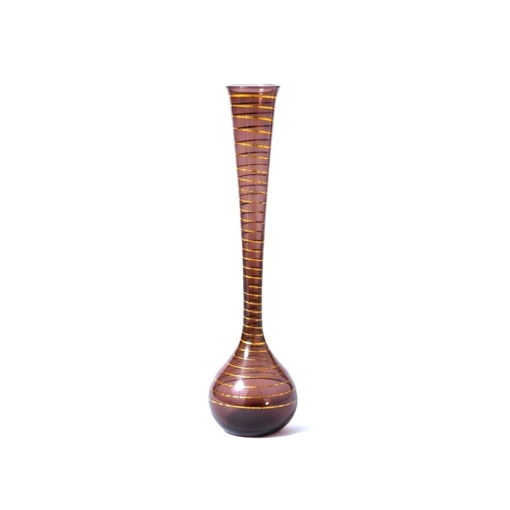 Elegant Handblown and Hand Decorated Purple and Gold Glass Vase- tall stem vase